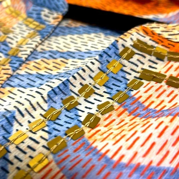 Chico’s large (2) blue/coral blouse with convertible sleeves/gold embellishments - Picture 5 of 5